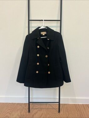 Michael Kors Black Double-Breasted Peacoat with Gold Buttons